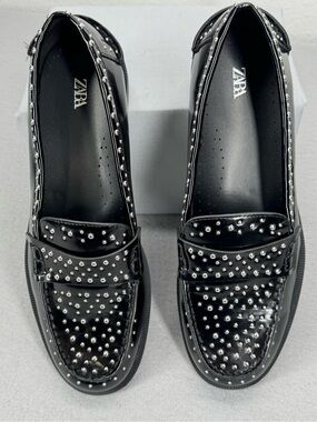 Zara Black Patent Studded Loafers Size 40 (US 9) Edgy Chic Shiny Punk Rock Flats